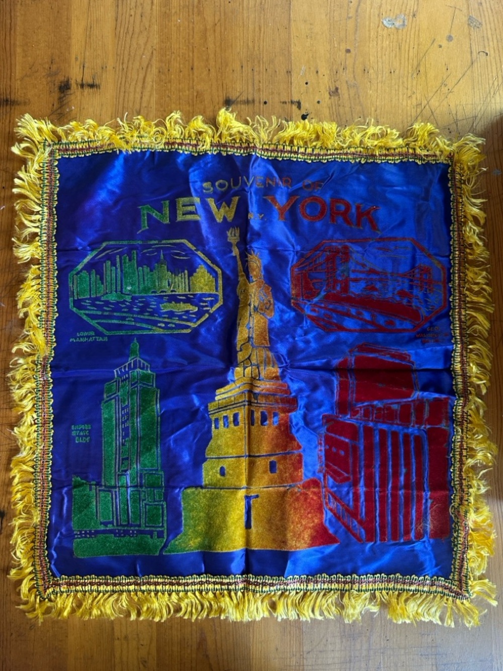 VNTG New York City blue satin city scape souvenir pillow cover w/gold fringe